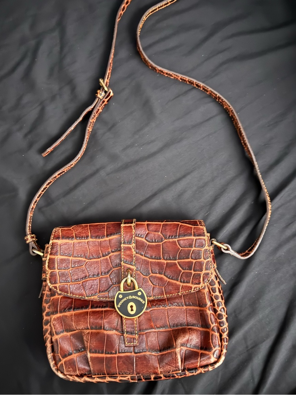 Dooney & Bourke Red Shoulder Tote with Croc-Embossed Brown Trim